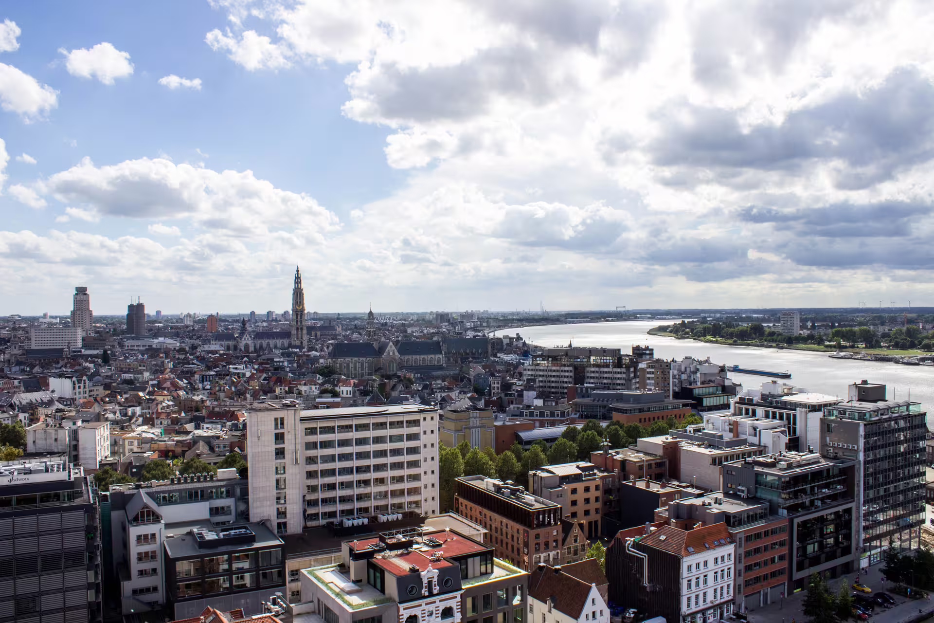 Panoramic Antwerp skyline with Cathedral of Our Lady and Scheldt River, route view on Antwerpen 1-day walking tour