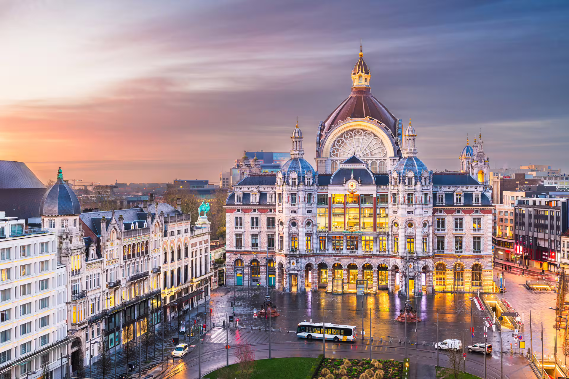 Antwerp Central Station exterior at sunset, key stop on Antwerpen in 1 day walking tour with multilingual audioguide