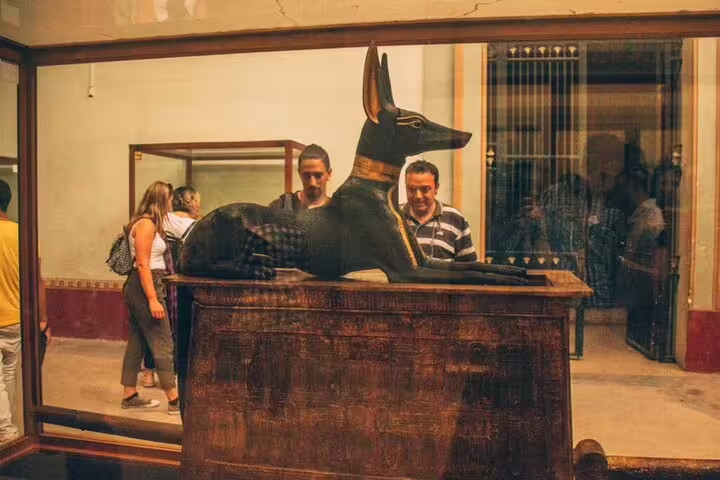 Anubis statue in a glass case at the Egyptian Museum Cairo on a private minivan day tour