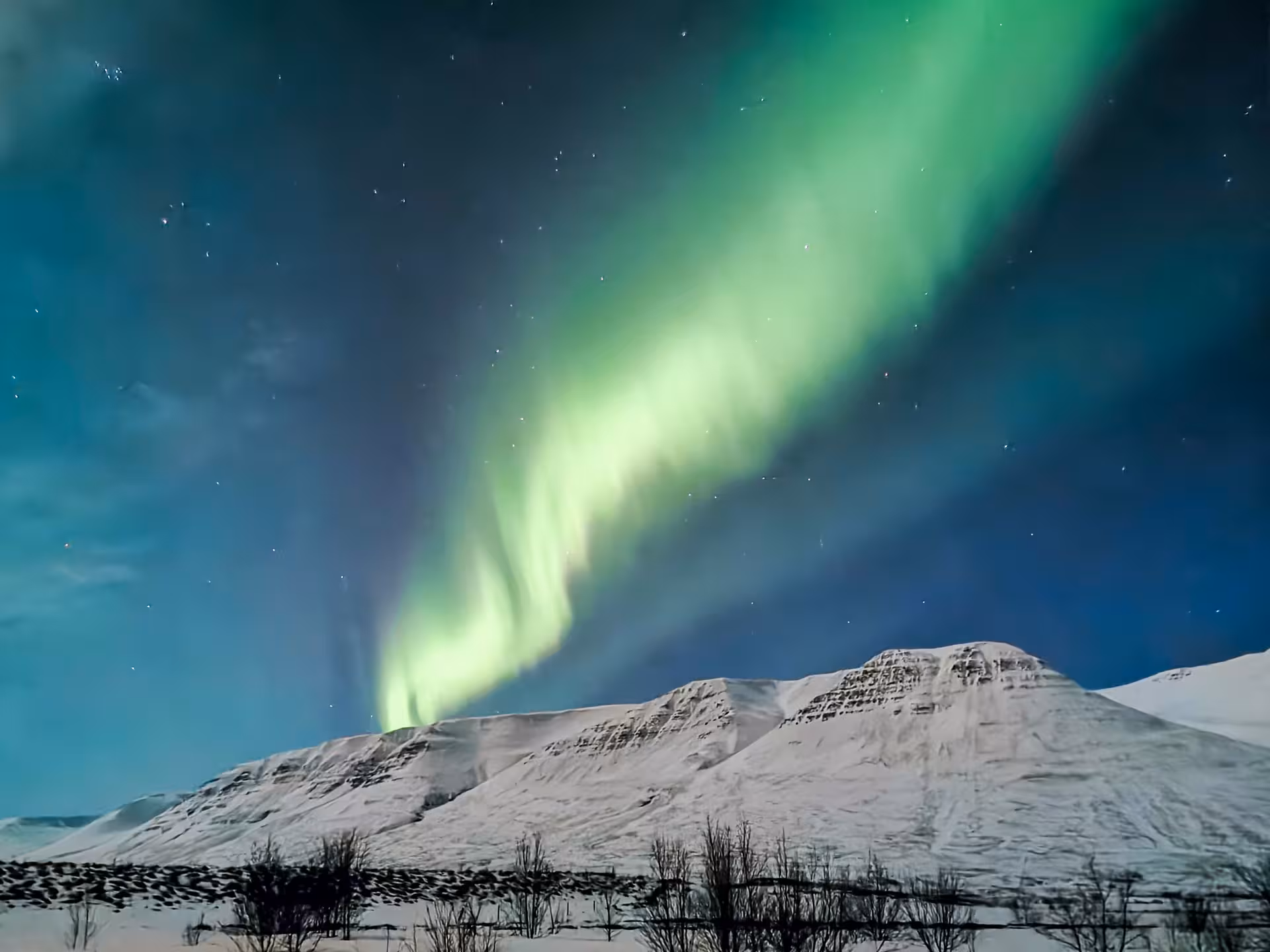 Green aurora borealis sweeping over snowy Arctic mountains on Adventure Arctic Odyssey husky and lights trip