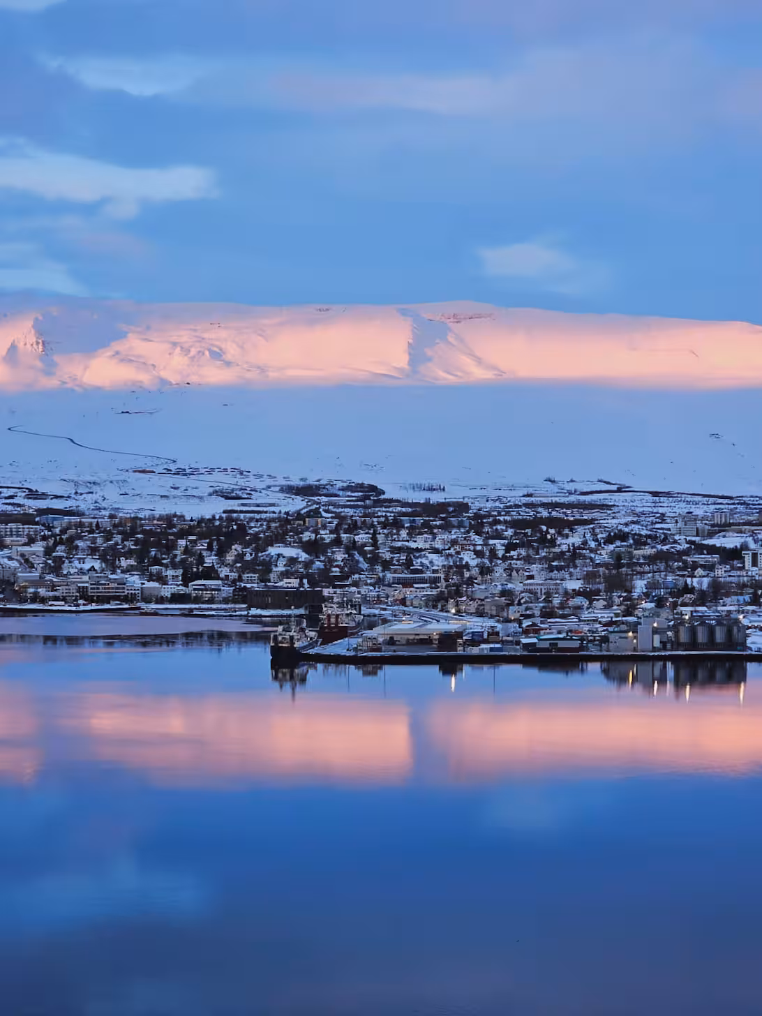 Winter town by calm fjord at twilight with pink-lit peaks, gateway to husky sledding and aurora borealis