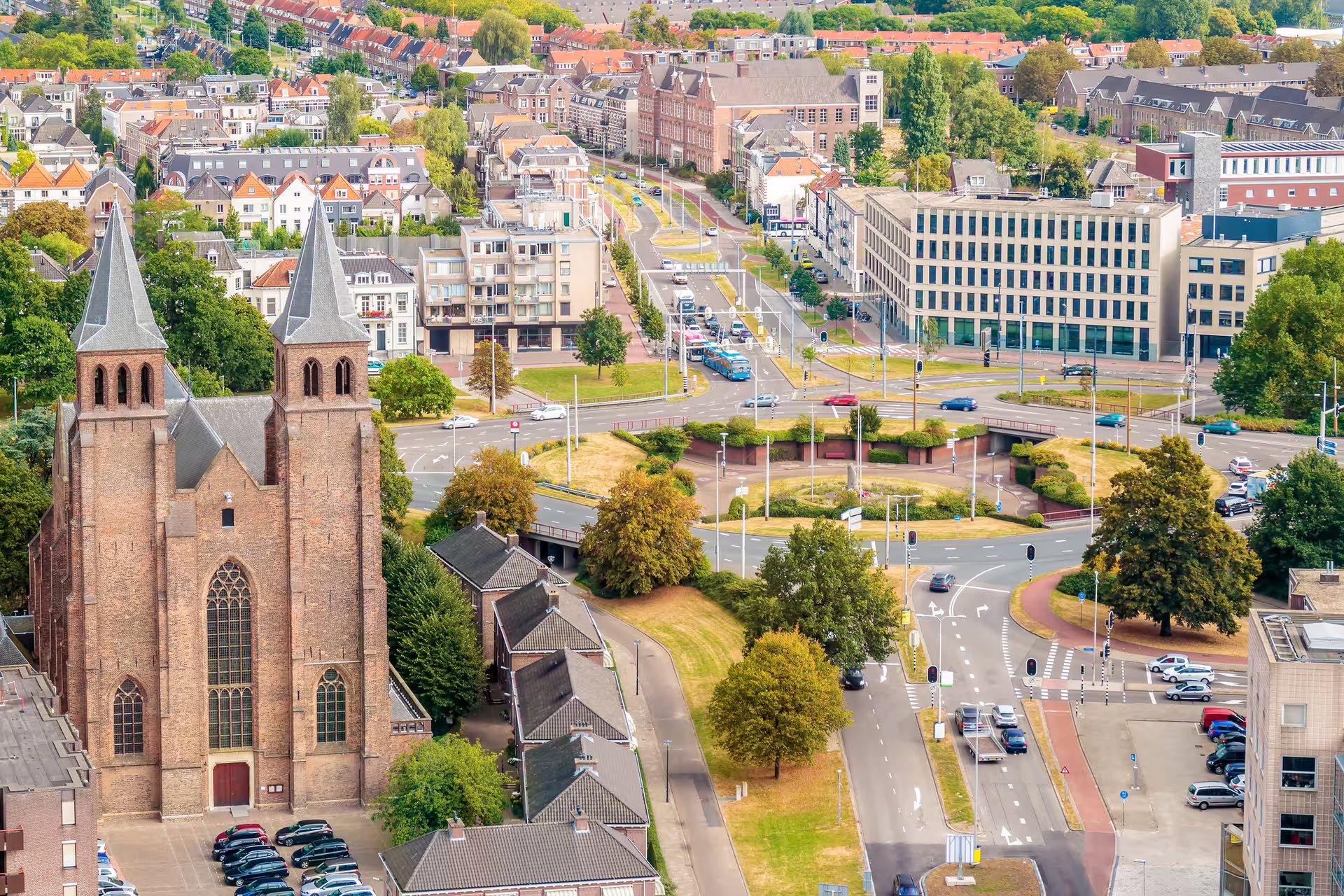 Aerial view of Arnhem with Eusebius Church and city streets, highlight of Arnhem in 1 day audio walking tour