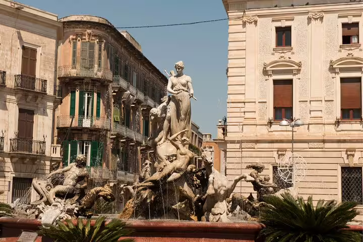 Artemis Fountain in Piazza Archimede, Syracuse Ortigia, featured on a self-guided scavenger hunt tour