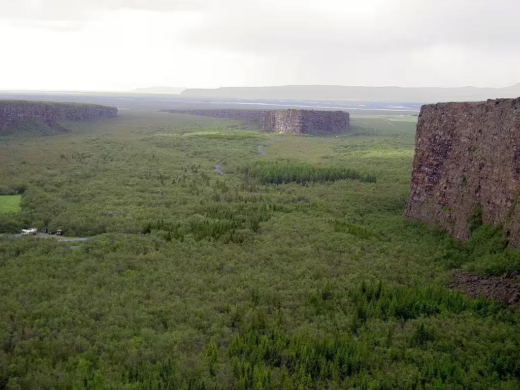 Aerial view of Asbyrgi canyon with lush green forest and basalt cliffs, Diamond Circle, Iceland