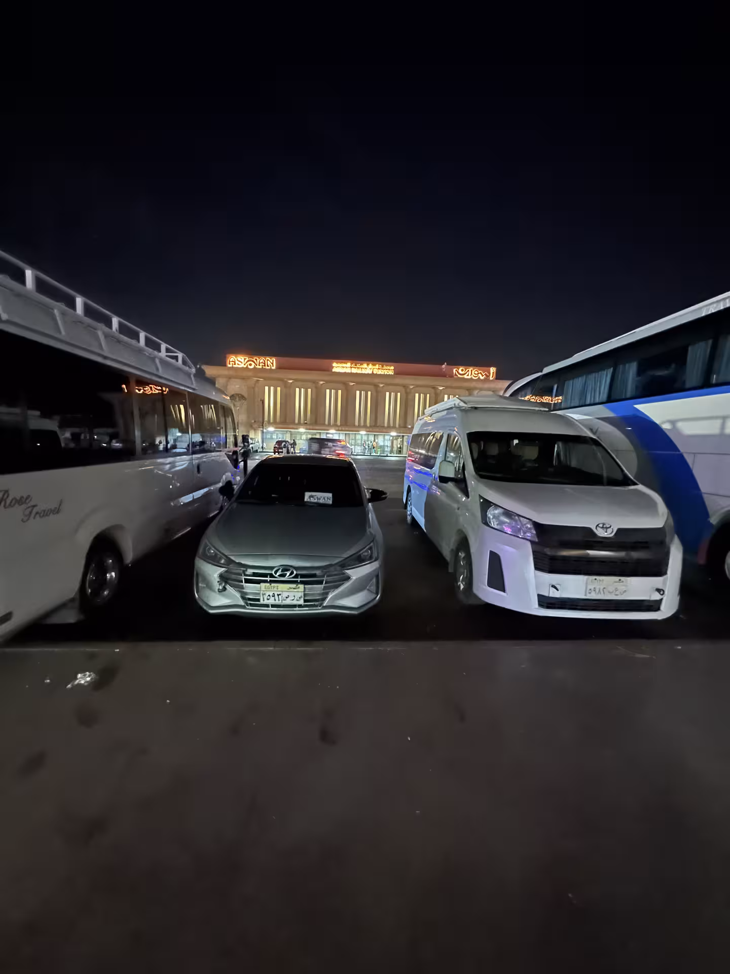 Aswan pickup point at night with tour vans for early morning Abu Simbel Temple trip from Aswan transport