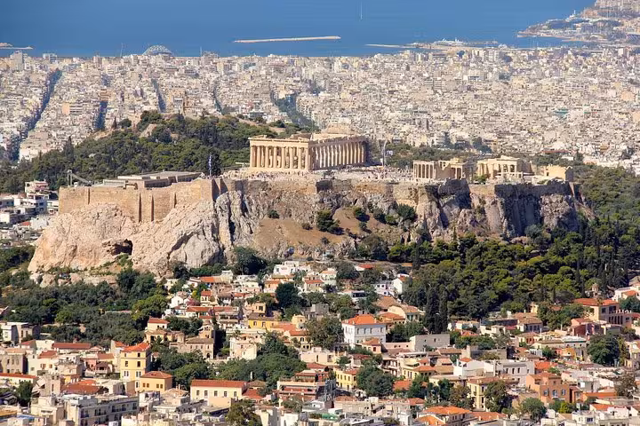 Panoramic view of the Acropolis and Athens skyline, ideal stop on a private airport arrival orientation tour