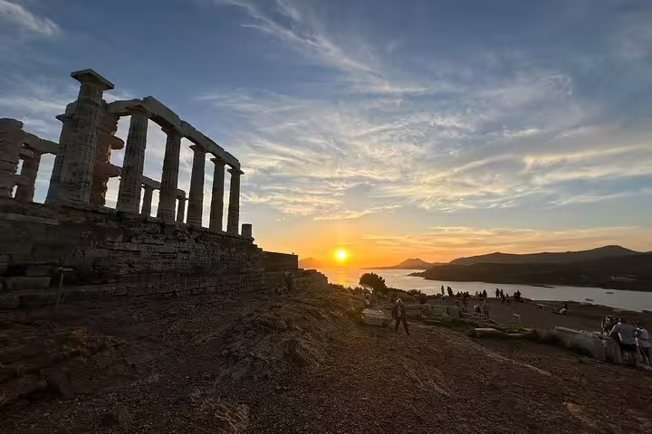 Sunset at Temple of Poseidon Cape Sounion, optional sightseeing on private Athens Airport to Piraeus Port transfer