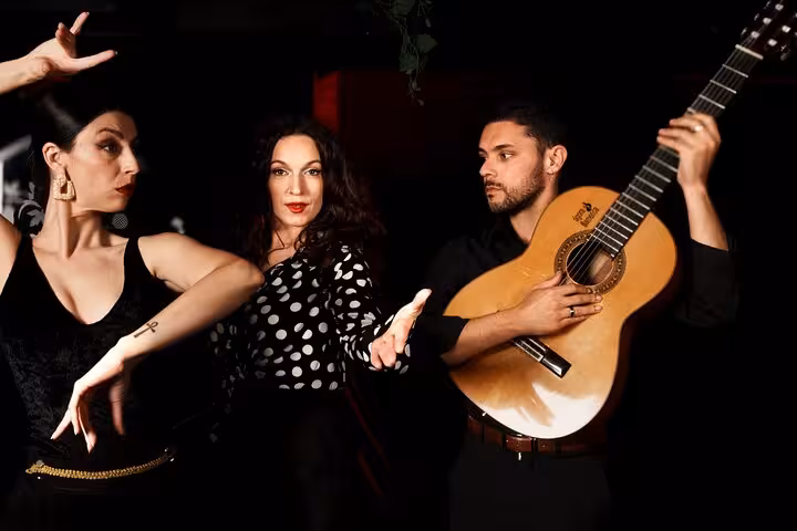 Flamenco performers with a guitarist and dancer in traditional attire at an authentic live show in Barcelona.