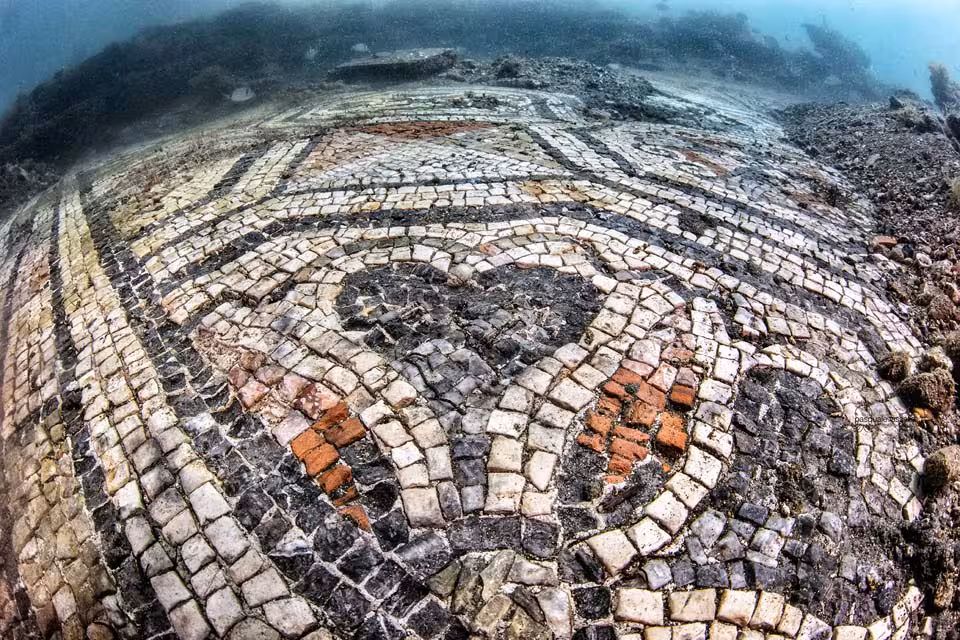 Polychrome mosaic from the "Terme del Lacus" underwater site. Mosaic representing colored flowers with white, blue and orange tiles.