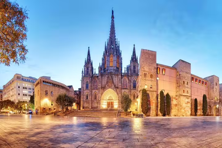 Stunning view of Barcelona Cathedral at dusk, a highlight on the private walking tour itinerary.