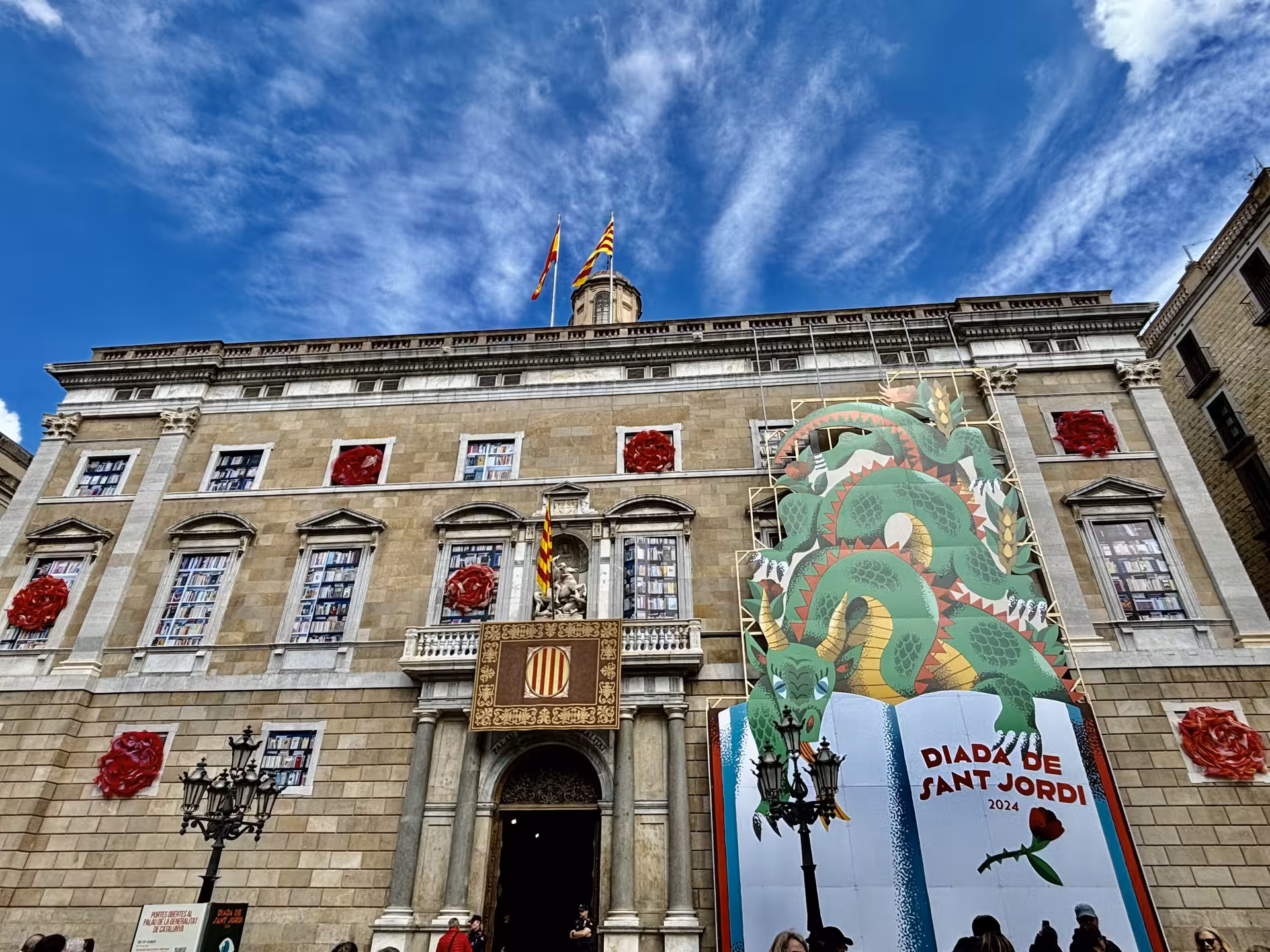 Barcelona City Hall on Misterios Locales tour, close to Museo de Cera, with Sant Jordi dragon festival display