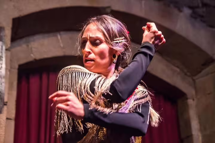 Flamenco dancer performing passionately in traditional attire during a private Barcelona walking tour.