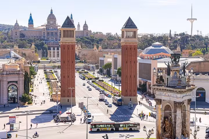 Plaça d’Espanya and Venetian Towers seen on a full-day Barcelona panoramic city tour by private vehicle