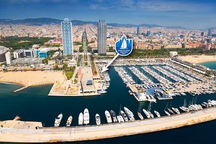 Aerial view of Port Olimpic Barcelona marina, departure point for sunset sailing tour with open bar and snacks