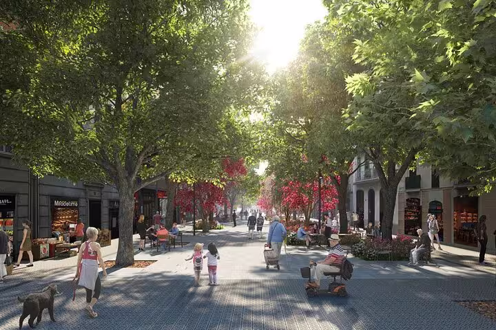 Vibrant pedestrian street in Barcelona lined with trees, highlighting urban planning and sustainable public spaces.