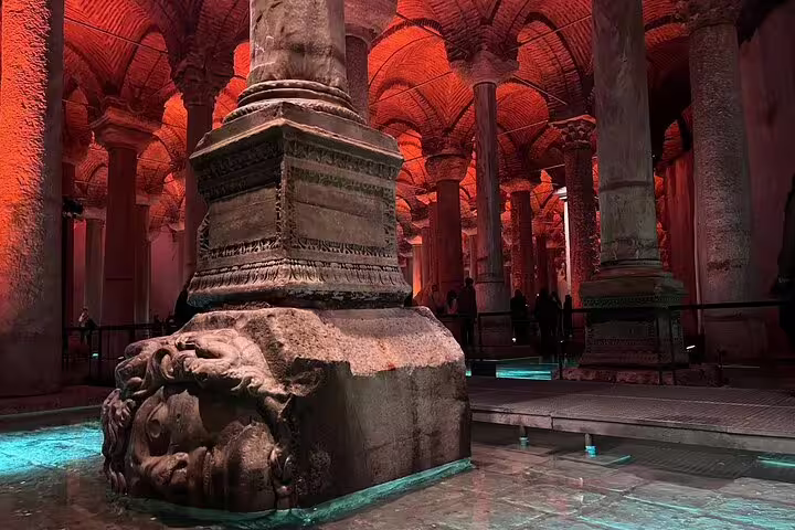 Basilica Cistern interior with Medusa head column base, must-see on a private Istanbul layover tour