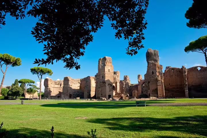 Wide view of the Baths of Caracalla ruins in Rome with green lawns and umbrella pines on a sunny VIP guided tour day