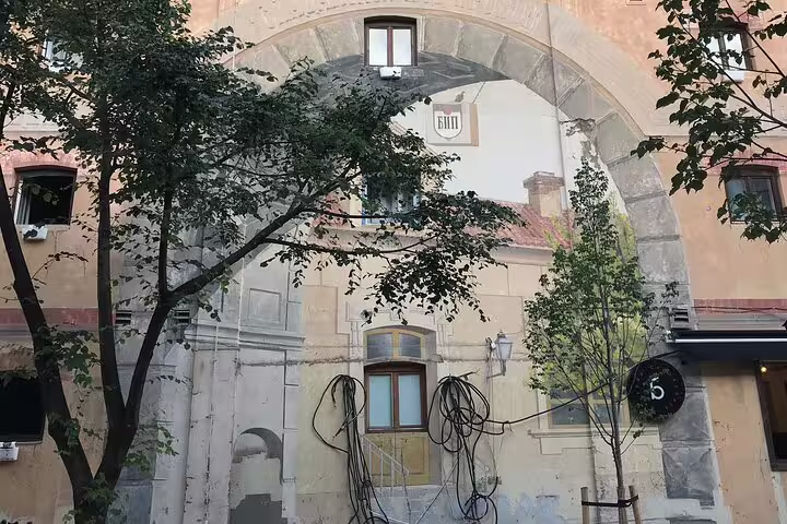 Belgrade street art courtyard mural with cable-like lines under a stone arch on private walking tour