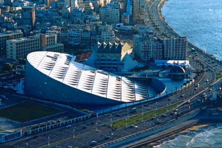 Bibliotheca Alexandrina and Alexandria waterfront skyline, key sight on 2-day private tour from Hurghada