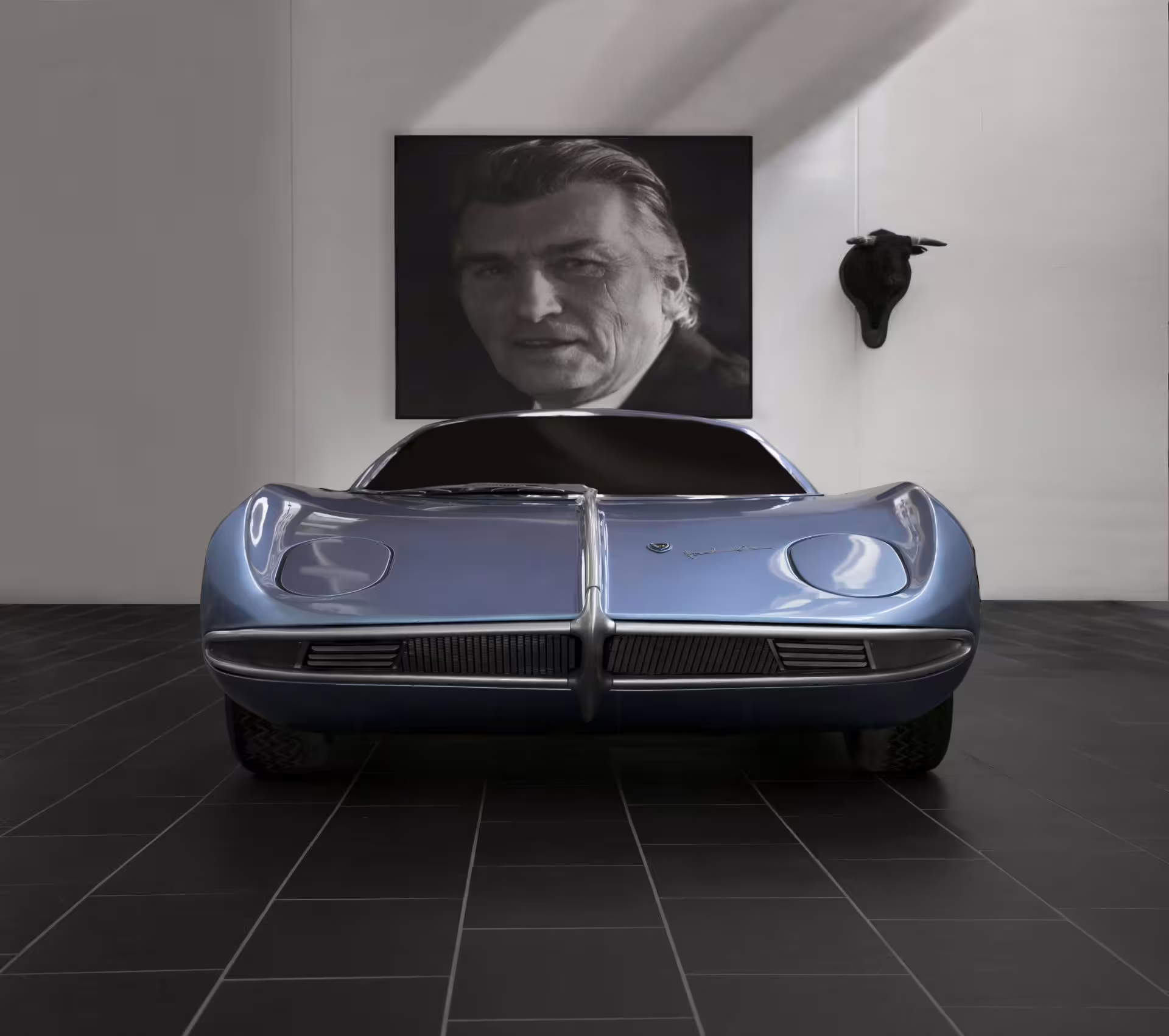 Classic blue Lamborghini concept car exhibit inside the Lamborghini Museum near Bologna, combo museums entry ticket