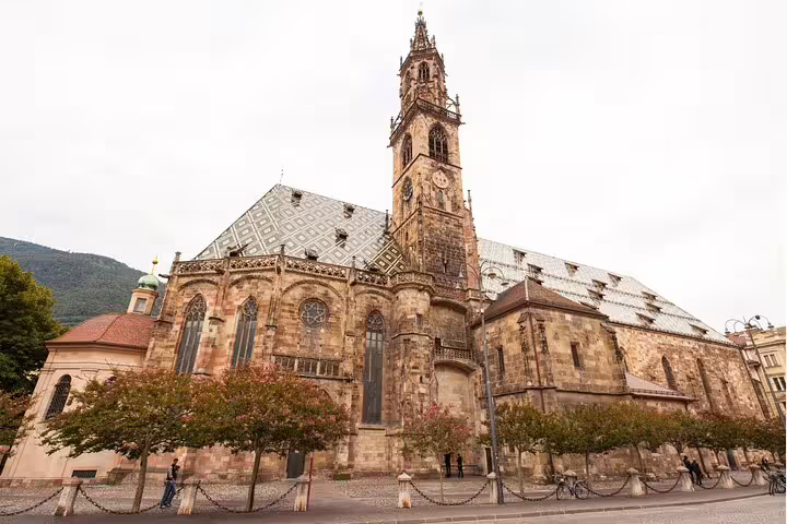 Wide view of Bolzano Cathedral in South Tyrol, landmark featured on a self-guided scavenger hunt tour