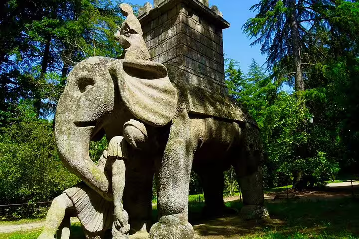 Monumental elephant statue at Bomarzo Monster Park on Rome, Calcata and Pope Thermal Bath VIP private guided tour