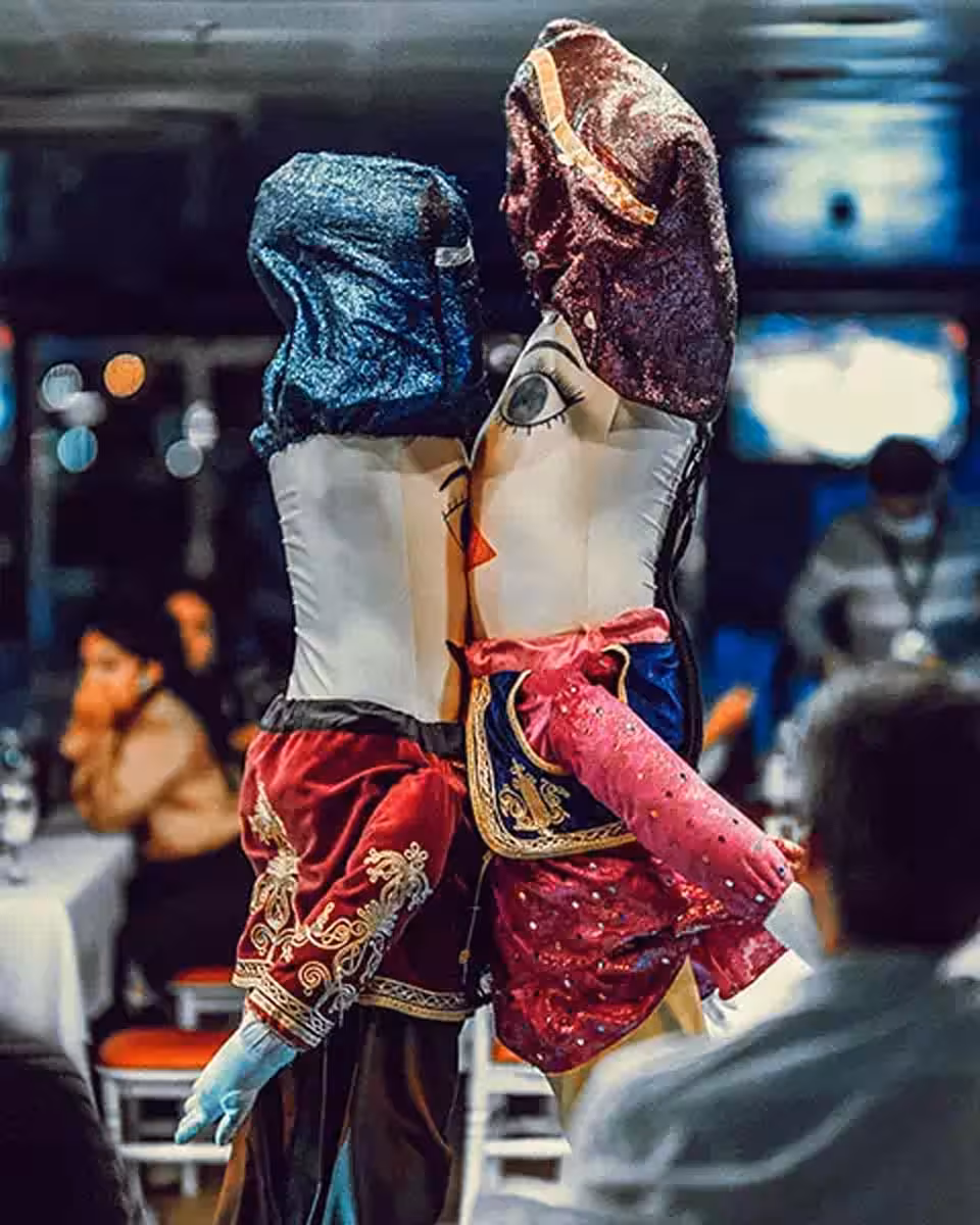 Traditional Turkish shadow puppets performing onboard a Bosphorus dinner cruise with live cultural show in Istanbul