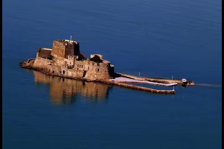 Bourtzi Castle in Nafplion harbor, scenic stop on a 2-day private tour of Mycenae and Ancient Olympia