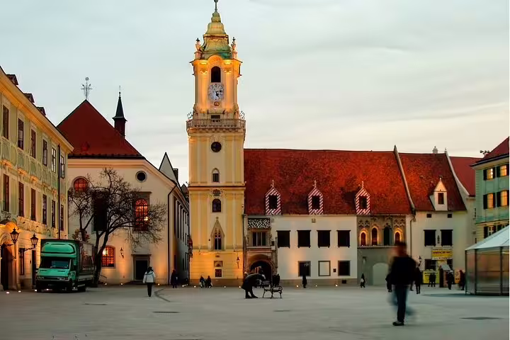Bratislava Old Town square with Old Town Hall tower, landmark on Bratislava scavenger hunt self-guided tour
