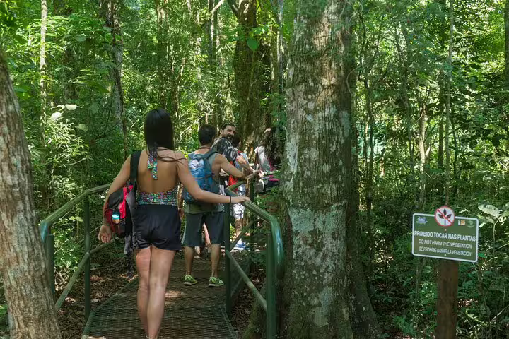 Tourists walking on a forest path towards Brazilian falls, surrounded by lush greenery and a safety sign visible.