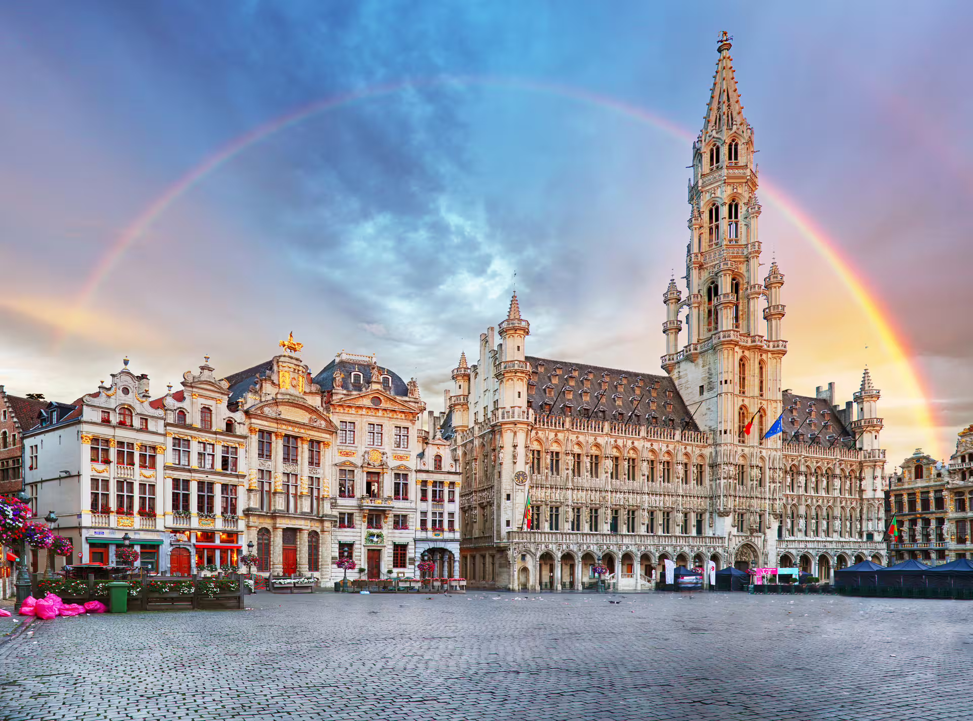 Rainbow over Brussels Grand Place and Town Hall, scenic highlight on 1 day walking tour with audioguide