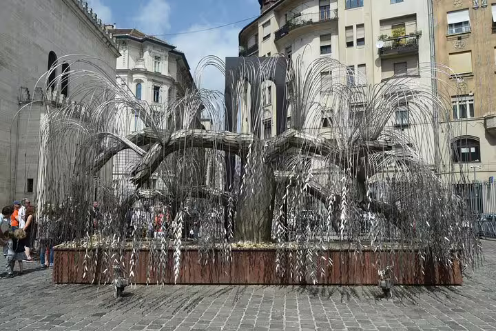 Budapest Jewish District memorial fountain in a city square, seen on a private walking tour in Erzsébetváros