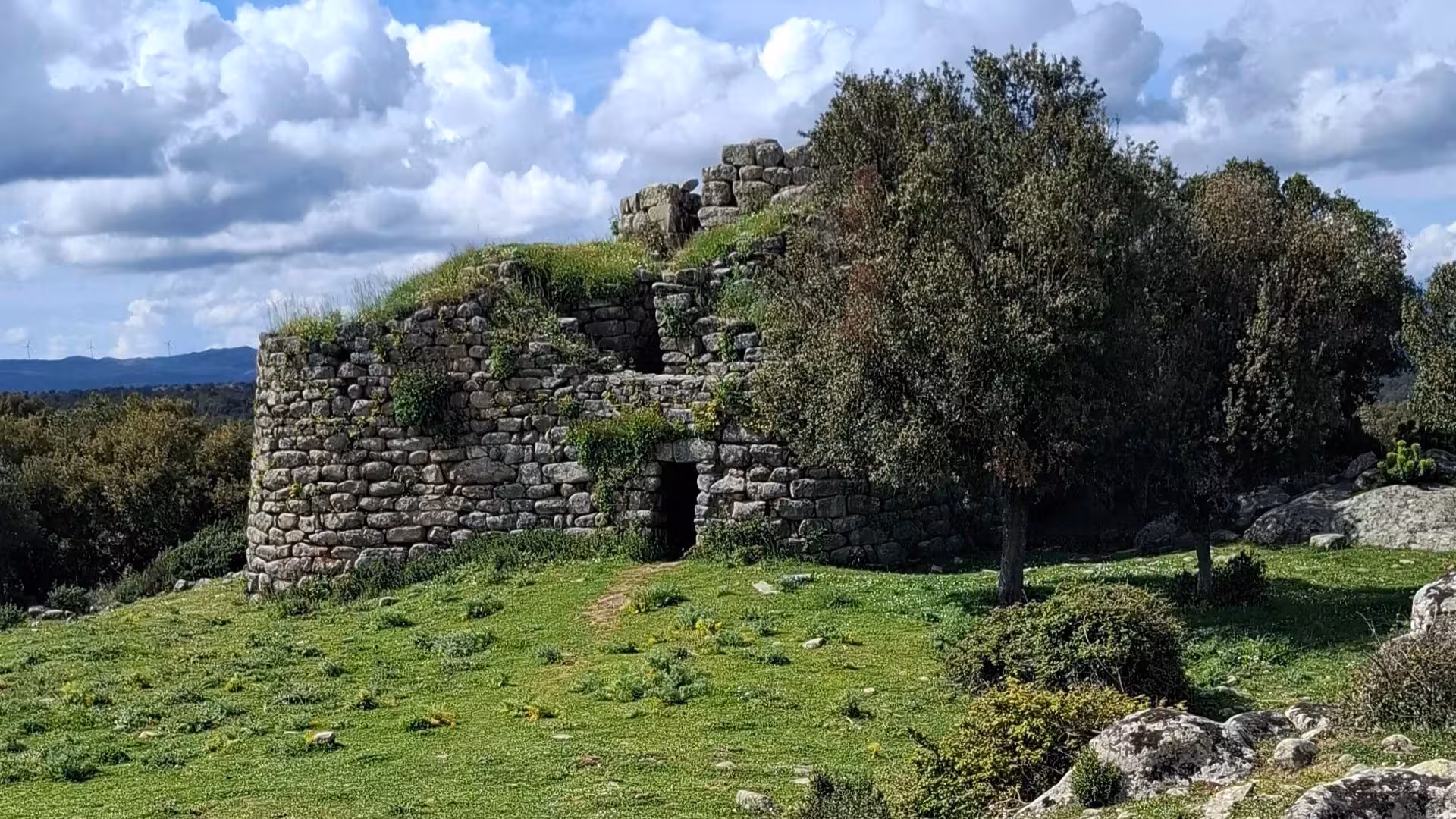 Ancient stone structure surrounded by greenery at Loelle archaeological site, Buddusò, under a cloudy sky.