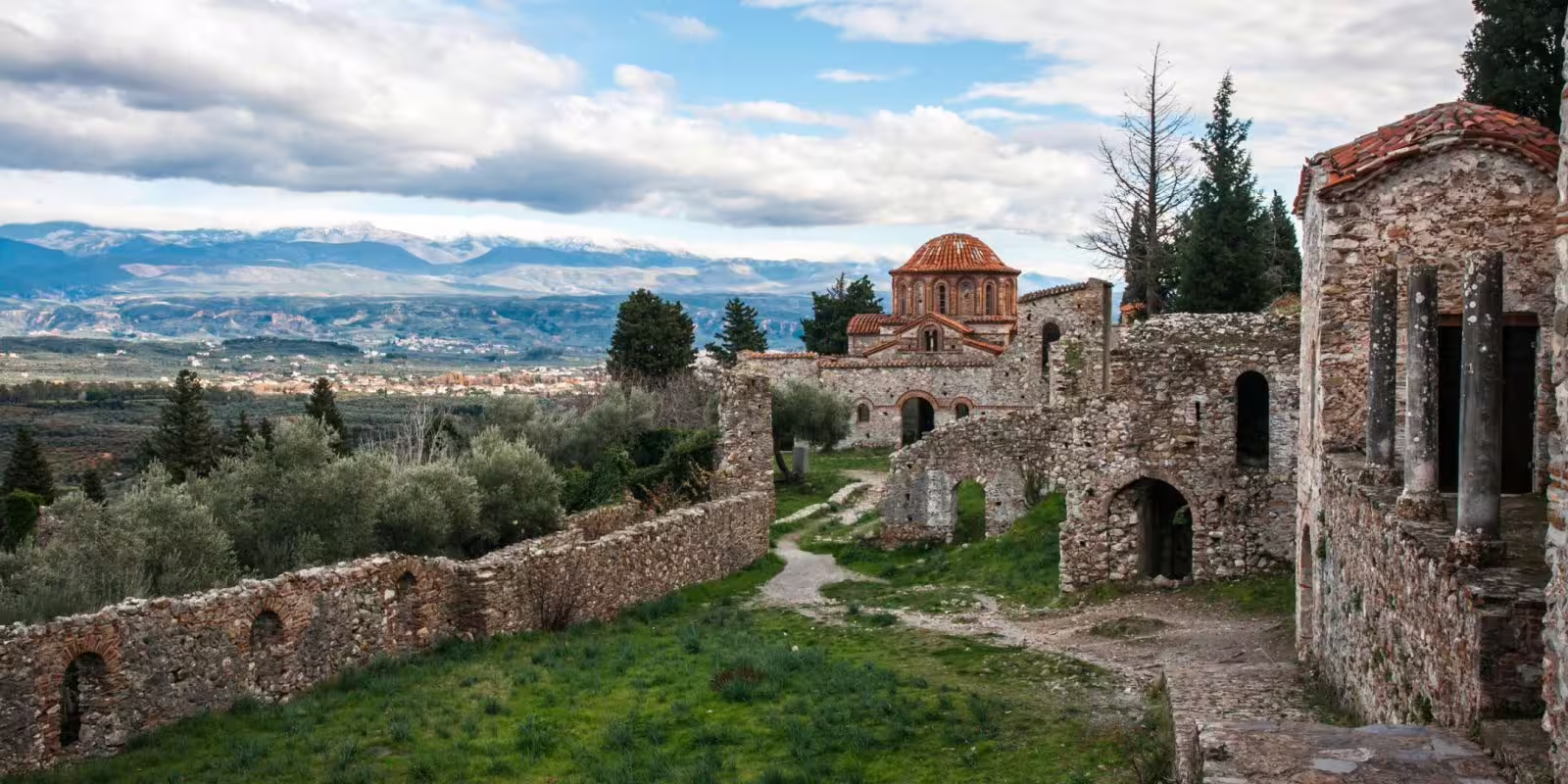 Byzantine ruins and domed church at Mystras, scenic stop on 2-day private Sparta and Monemvasia tour