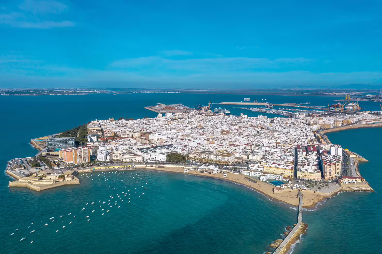 Aerial view of Cadiz old town and bay, ideal for a 1-day walking tour with multilingual audioguide