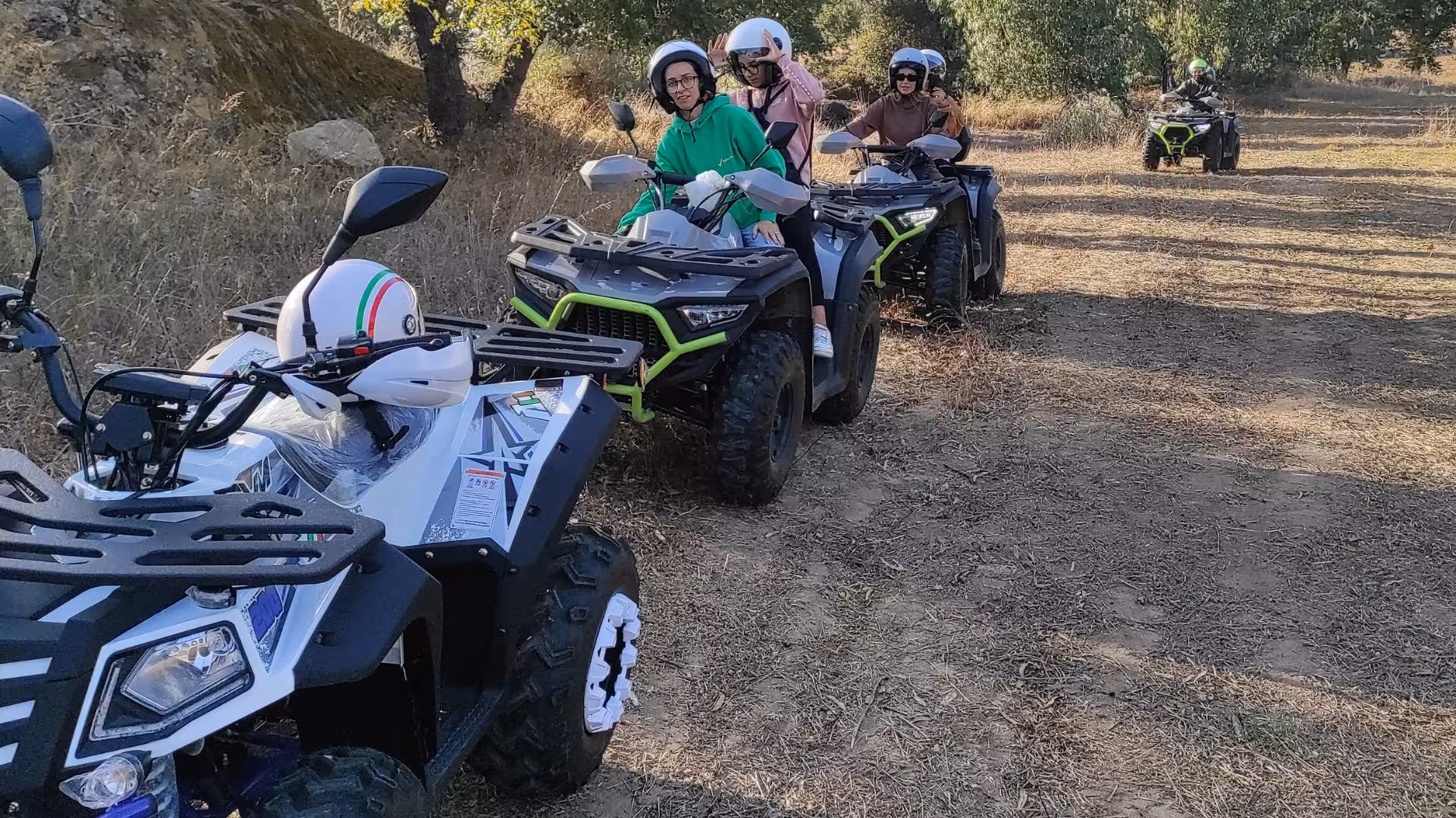 Group enjoying an exhilarating ATV tour through the scenic trails of Guasila near Cagliari.