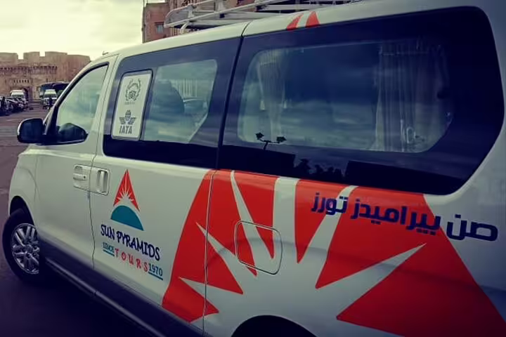 Branded Cairo airport transfer van for private pickup and drop-off service with professional driver in Egypt
