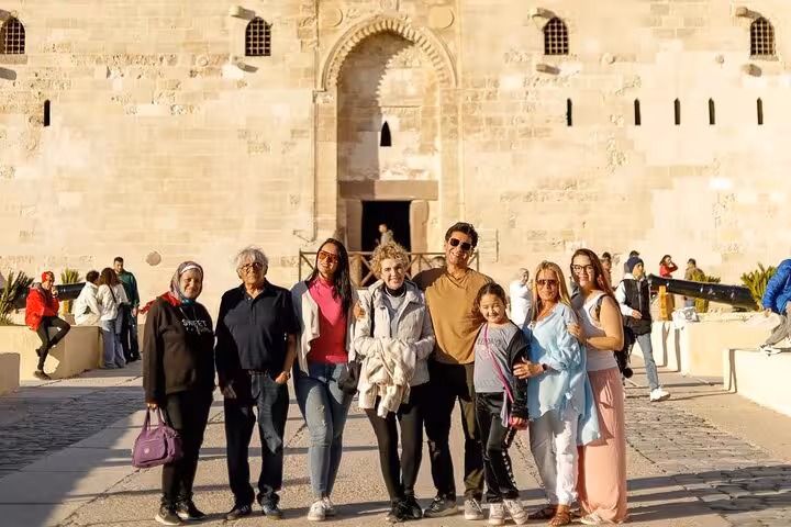 Tour group photo at Alexandria Citadel on Cairo to Alexandria day trip with guide, tickets and lunch