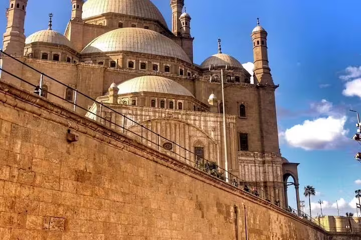 Cairo Citadel wall with Mohamed Ali Mosque domes, highlight of National Museum to Citadel & Bazaars