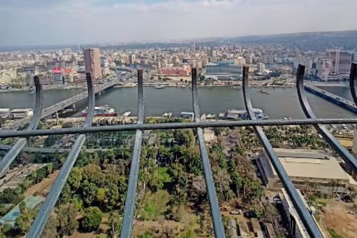 Panoramic Nile River and downtown Cairo view from Cairo Tower observation deck on dinner tour