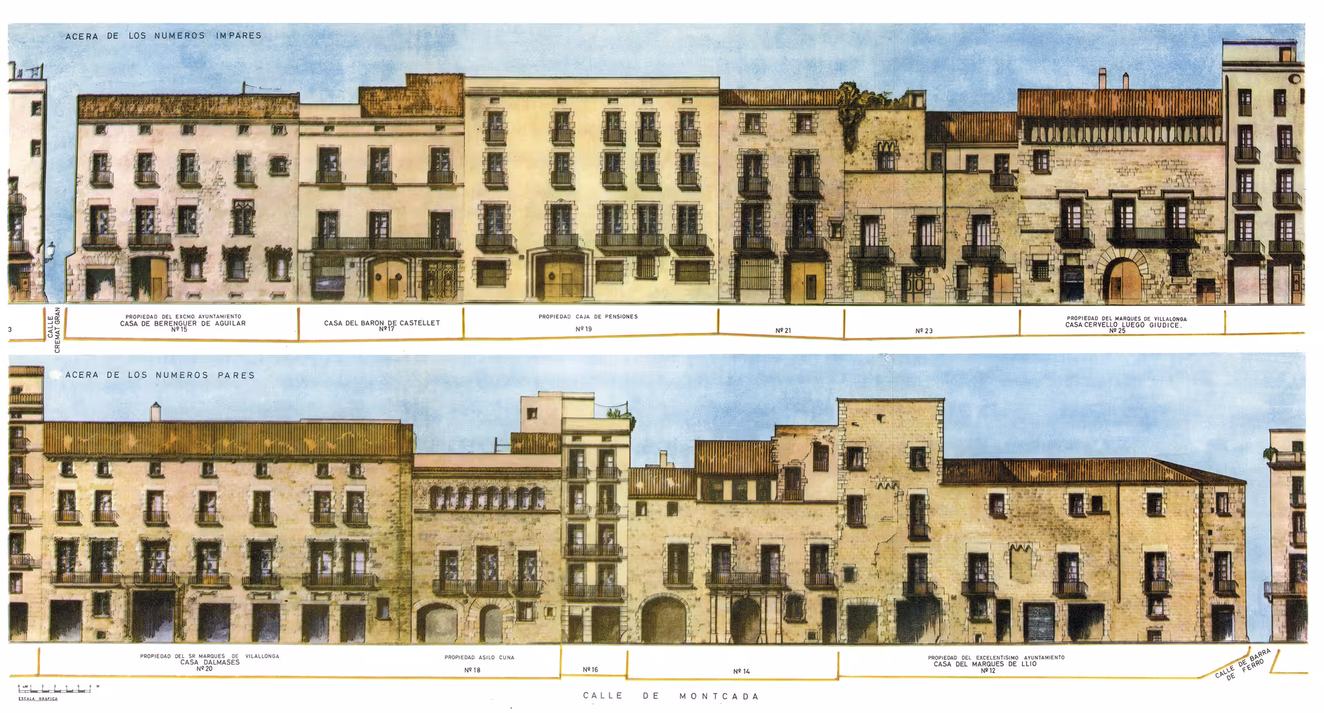 Detailed illustration of historic buildings on Calle de Montcada, showcasing medieval architecture in Barcelona's Ribera.