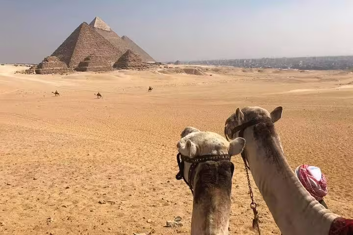 Camel ride viewpoint overlooking the Giza Pyramids on a 3-hour private tour in Cairo desert