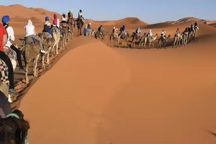 Camel trek across Erg Chebbi dunes on a 3-day private desert tour from Marrakech to Fes, Morocco