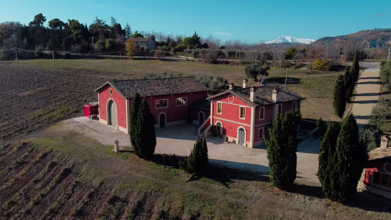 Cantina D'Erasmo farmhouse winery in Marche with vineyards and mountain views, ideal for signature wine tasting