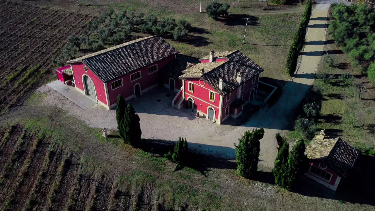 Drone view of Cantina D'Erasmo winery in Marche, Italy, surrounded by vineyards for guided tasting visit