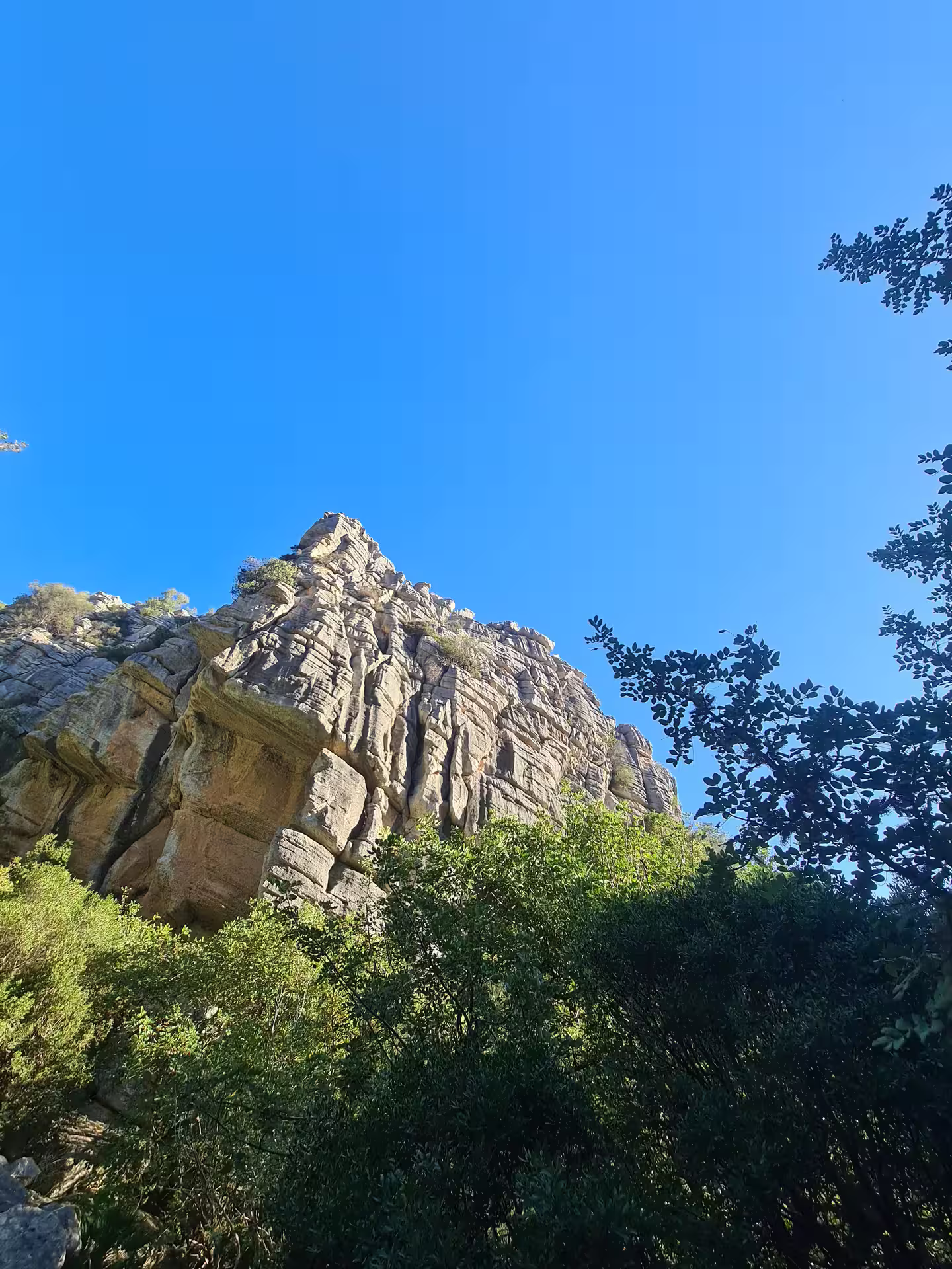 Towering rock formations under clear blue sky at Canuto de la Utrera, ideal for scenic hiking tours.