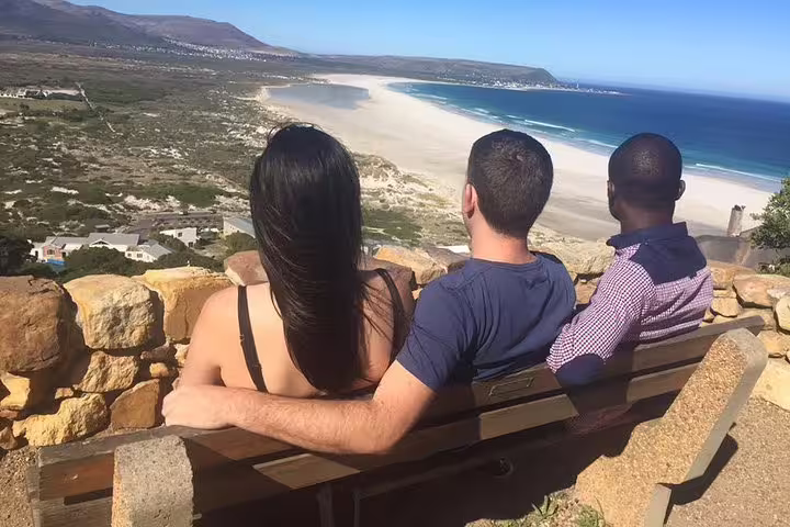 Tourists enjoying panoramic views of the ocean and sandy shores at Cape of Good Hope from a scenic lookout point.