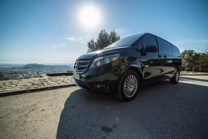 Luxury Mercedes minivan for Cape Sounio private tour from Athens, ideal for Athens Riviera drive and food stop