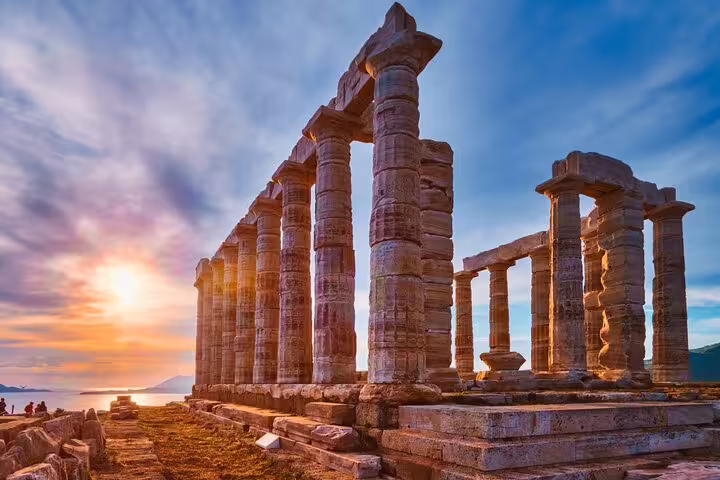 Cape Sounion Temple of Poseidon columns at sunset, highlight stop on Athens half-day small-group tour