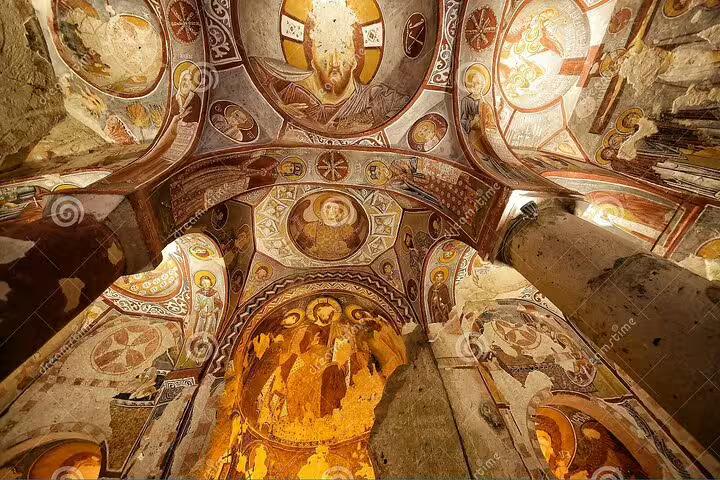 Frescoed ceiling inside a Cappadocia cave church, visited on full-day Cappadocia tour from Istanbul by flight